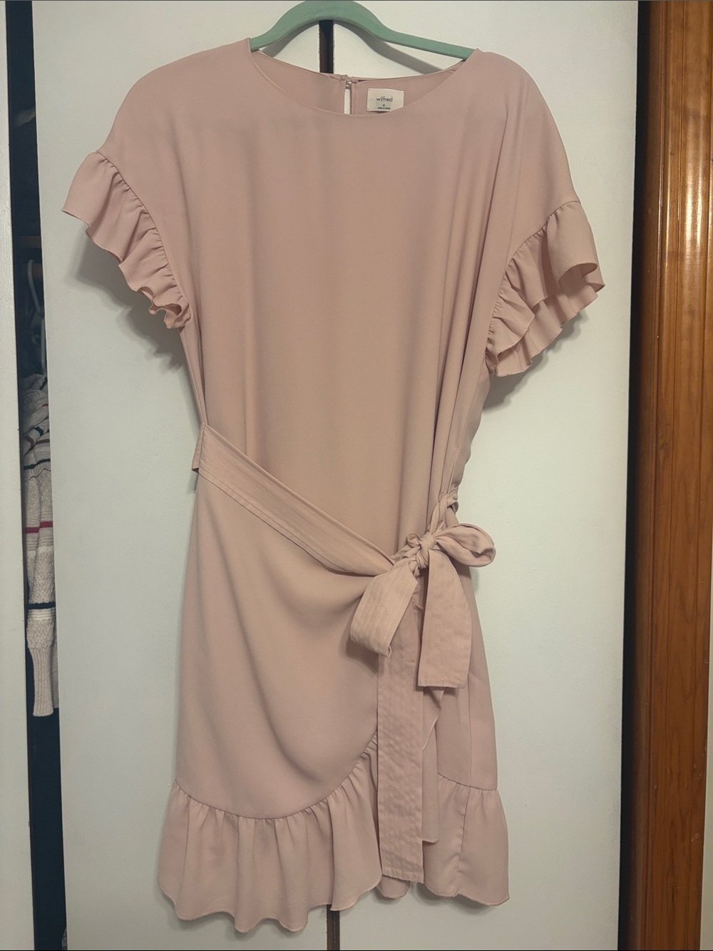 Aritzia Wilfred  Blush Pink Ruffle Tie-Waist Mini Dress